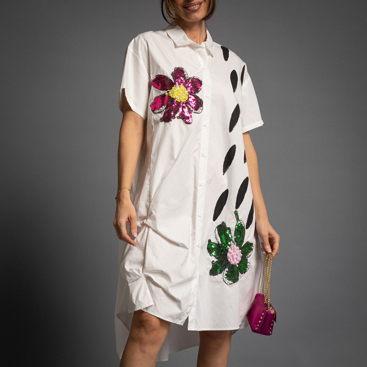 VESTIDO CAMISERO FLOR LENTEJUELAS Y PERLAS
