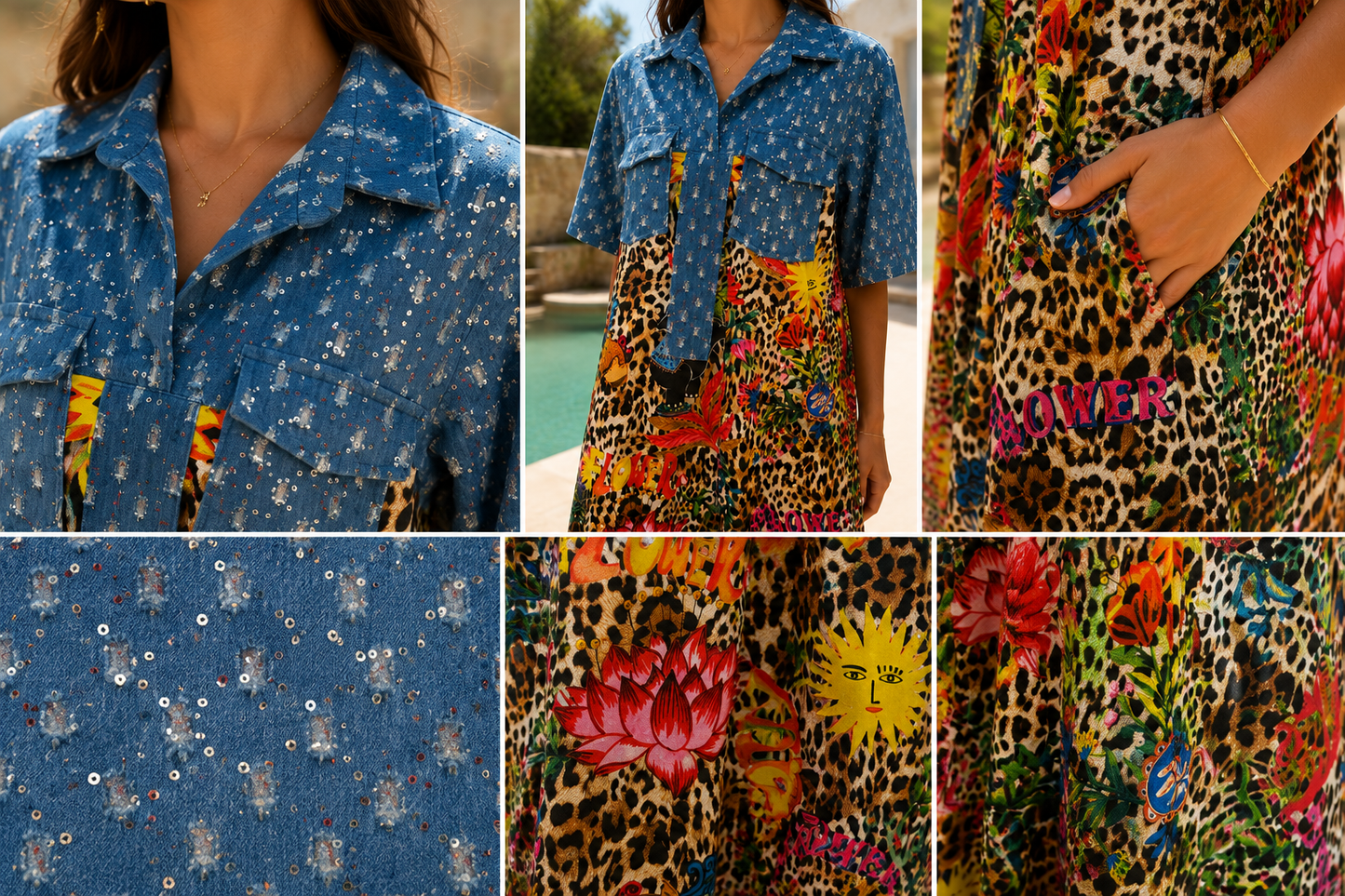 VESTIDO PRINT CON DETALLE DENIM Y BRILLOS