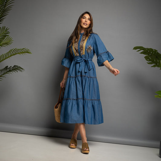 VESTIDO DENIM BORDADO ANIMAL PRINT