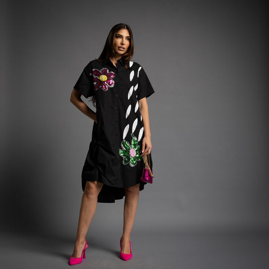 VESTIDO CAMISERO FLOR LENTEJUELAS Y PERLAS