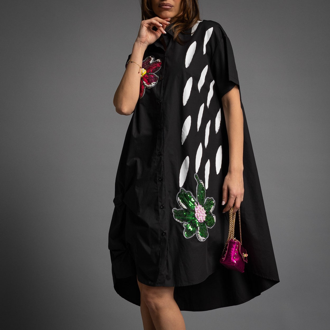 VESTIDO CAMISERO FLOR LENTEJUELAS Y PERLAS