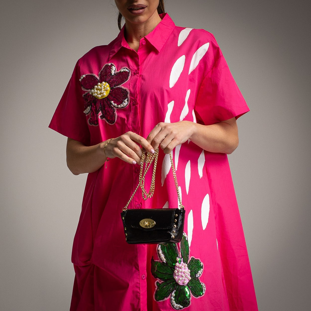 VESTIDO CAMISERO FLOR LENTEJUELAS Y PERLAS
