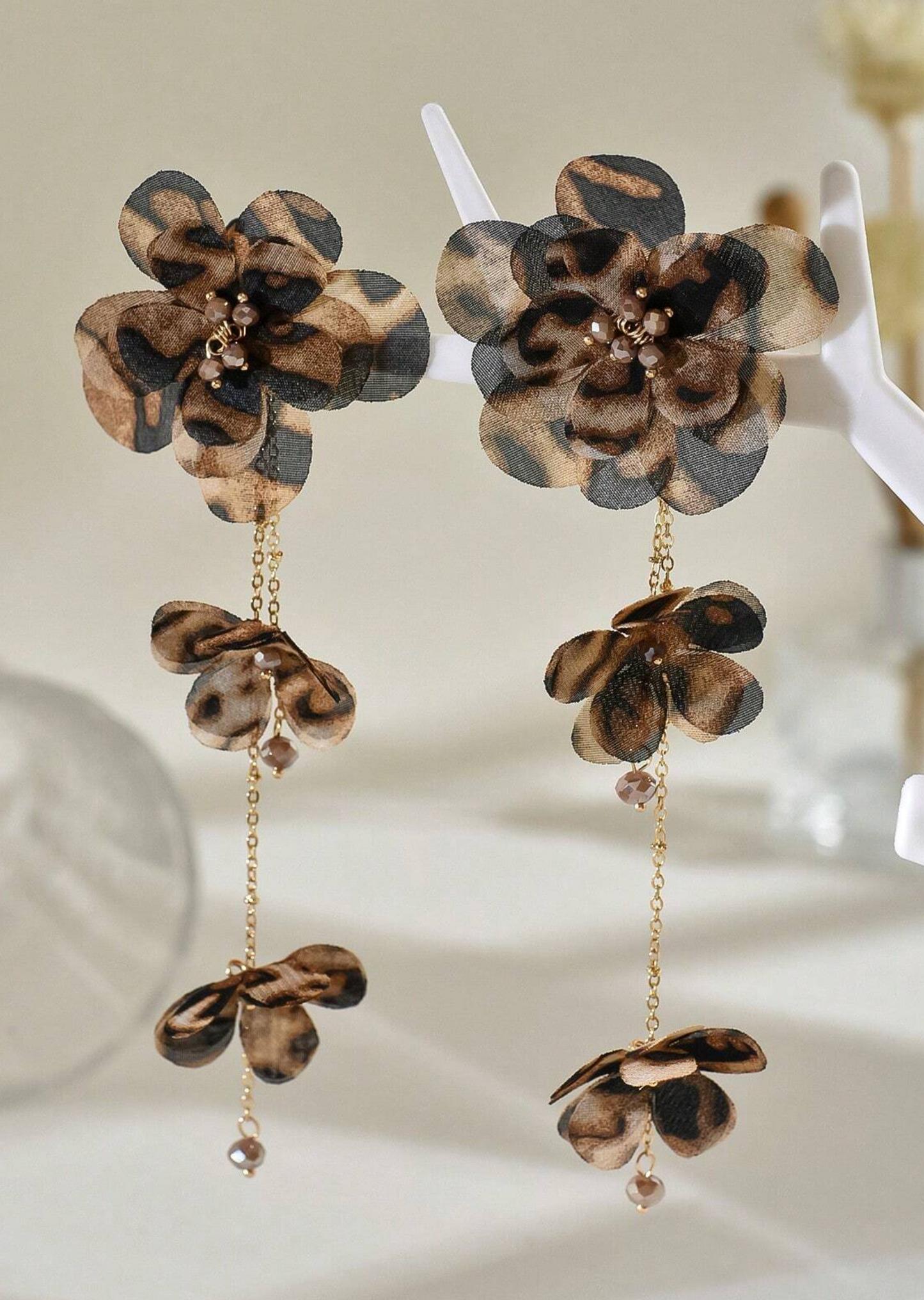PENDIENTES TELA FLOR LEOPARDO ACERO INOXIDABLE