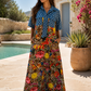 VESTIDO PRINT CON DETALLE DENIM Y BRILLOS