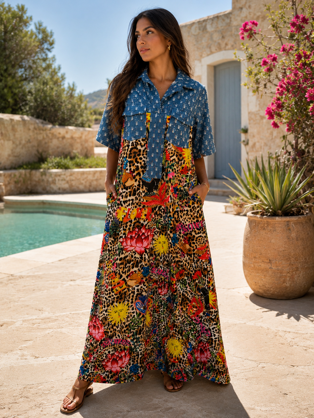 VESTIDO PRINT CON DETALLE DENIM Y BRILLOS