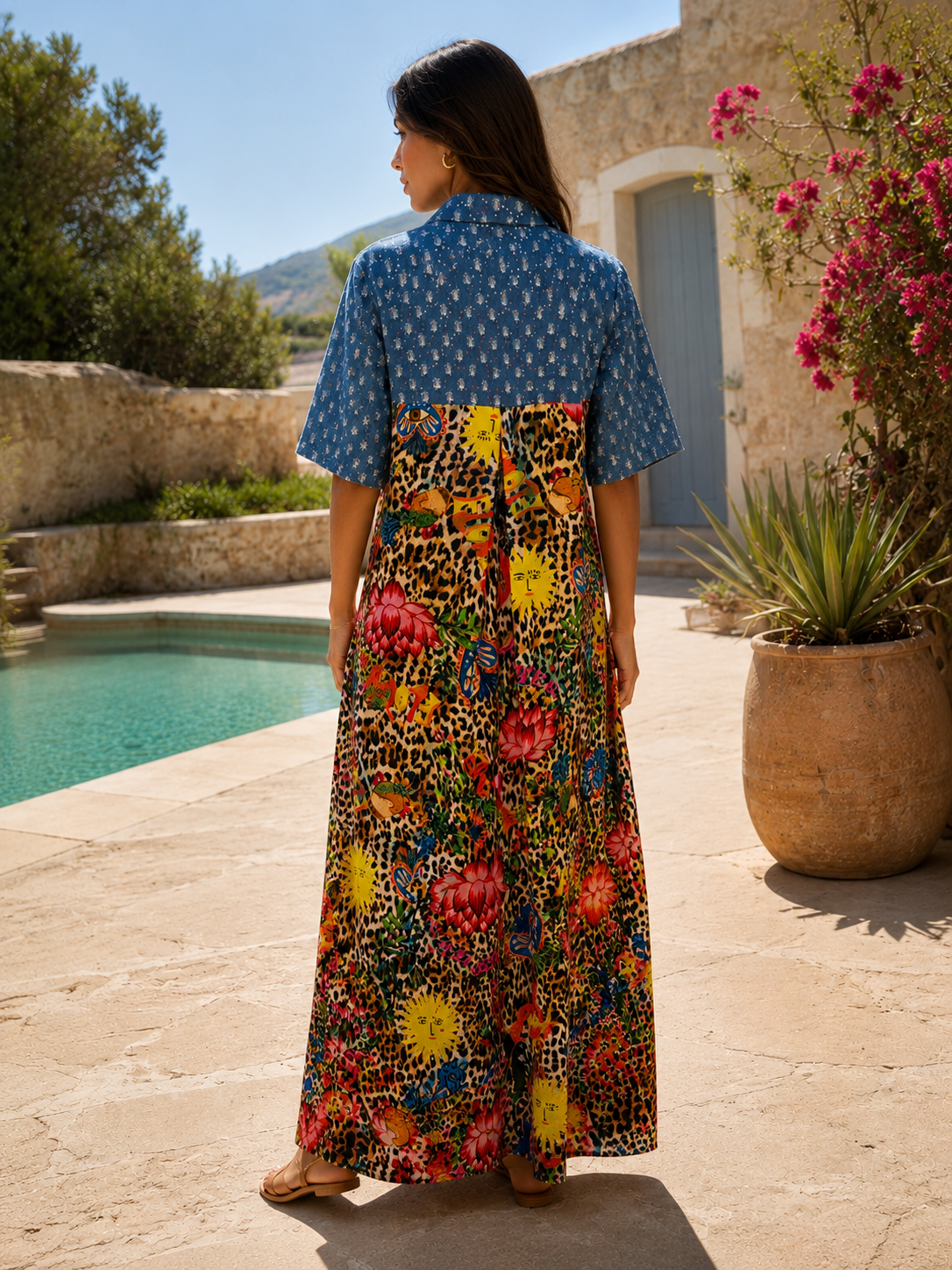 VESTIDO PRINT CON DETALLE DENIM Y BRILLOS
