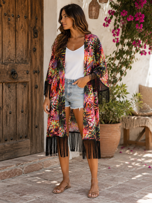 KIMONO ESTAMPADO TROPICAL CON FLECOS