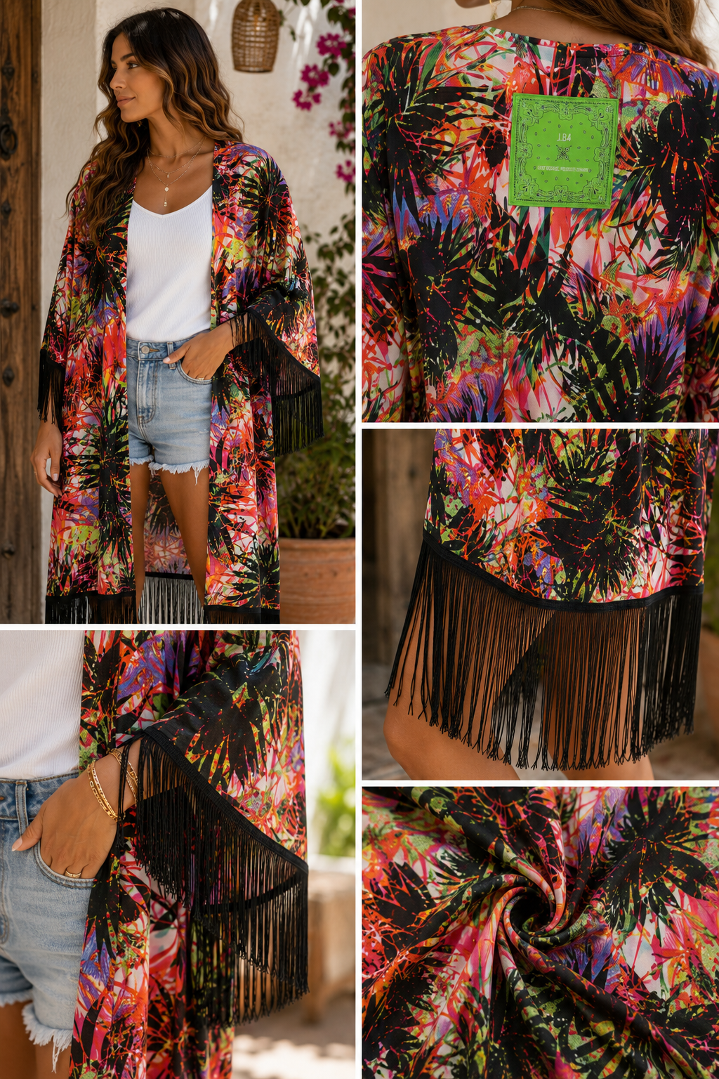 KIMONO ESTAMPADO TROPICAL CON FLECOS