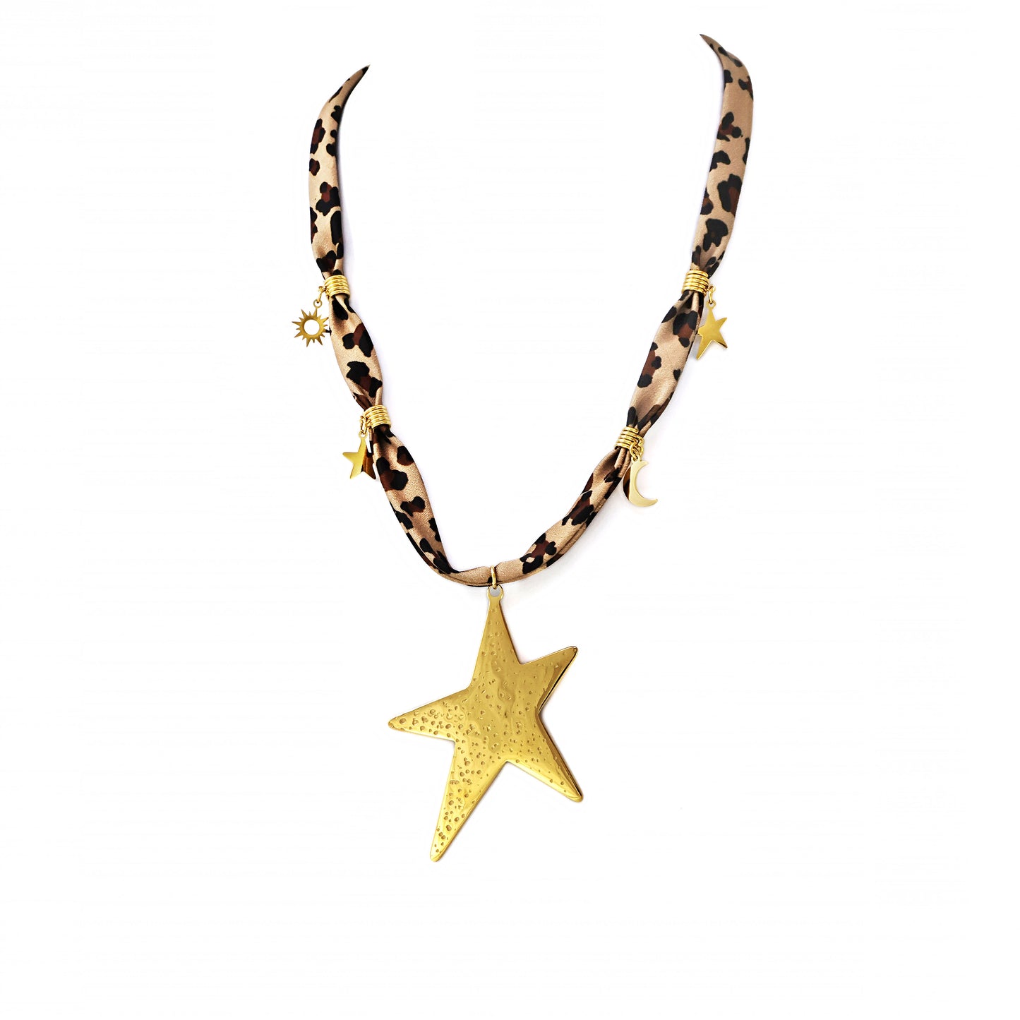 COLGANTE ESTRELLA CON TELA ANIMAL PRINT AC. INOX.